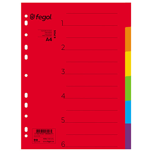 Separador de cartón A4, 6 posiciones, Fegol, colores fuertes