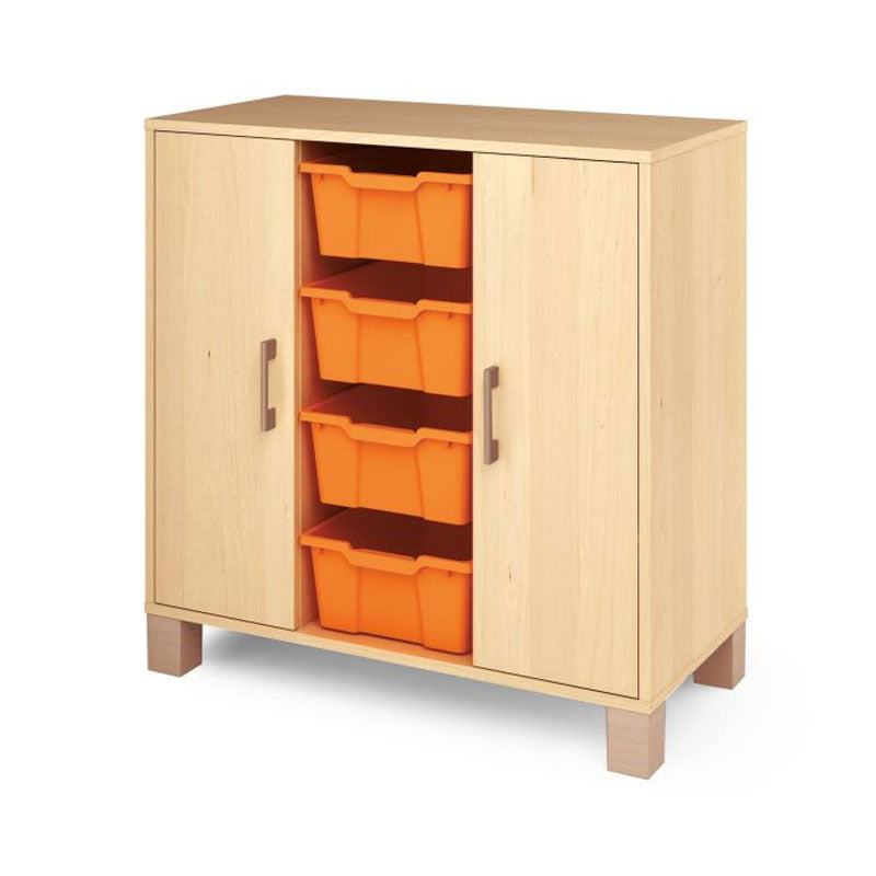 Mueble de tamaño mediano con puertas y cajones de tamaño mediano.