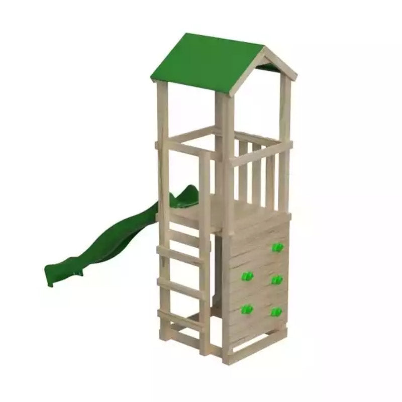 Torre de madera con tobogán, escalera y muro de escalada.