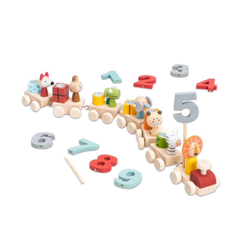 Wooden anniversary train (1 locomotive, 6 carriages, numbers 1 to 9 and 2 rods)