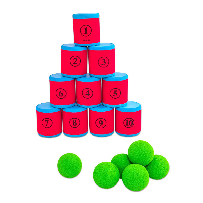 Juego de derribo de latas (10 latas y 6 pelotas de espuma suave)
