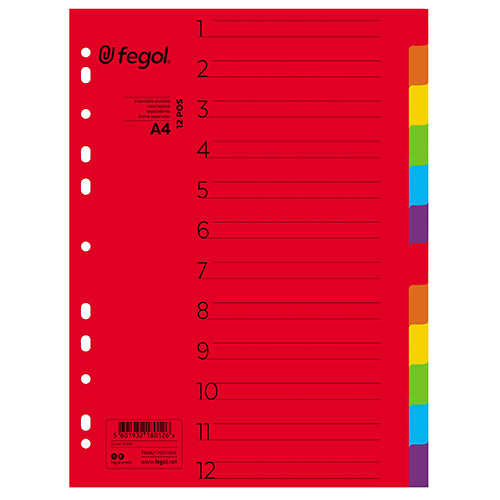 Separador de cartón A4, 12 posiciones, Fegol, colores fuertes