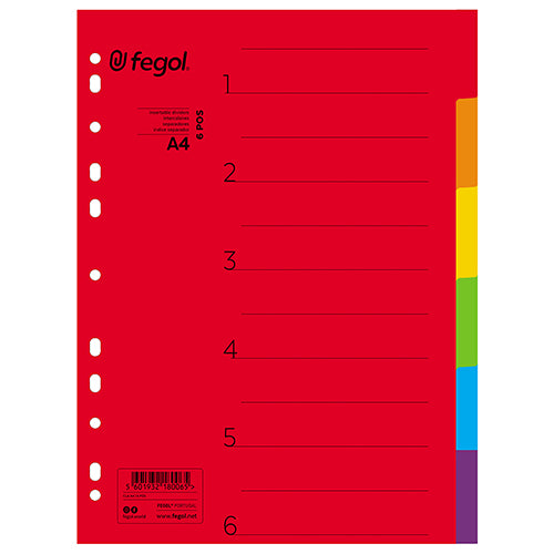 Separador cartolina A4 6 posições Fegol cores fortes