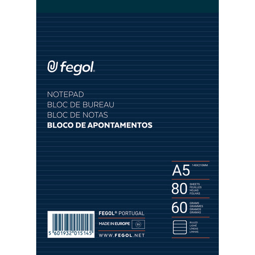 Bloco apontamentos A5 Fegol pautado (80f)