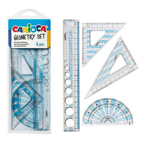 Kit marca Carioca: regla de 20cm, transportador y 2 escuadras.