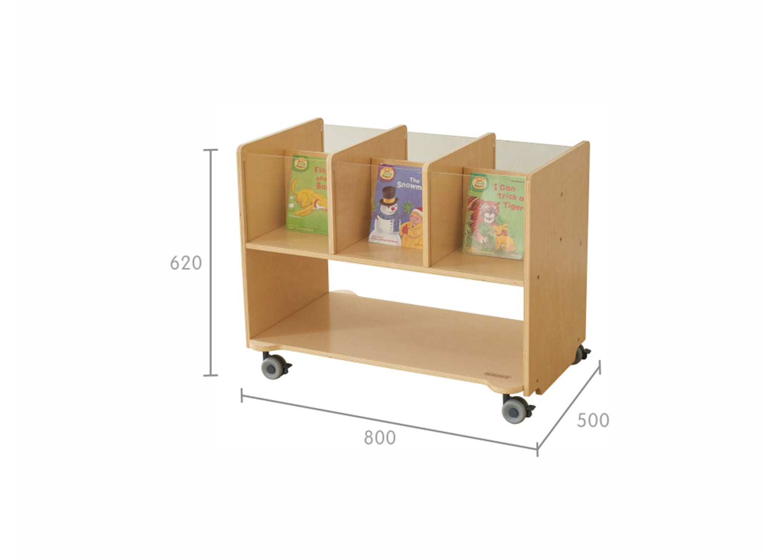 Carro biblioteca rodado para livros em madeira natural e acrílico transparente - Sílaba