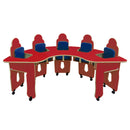 mesa de alimentação vermelha e azul