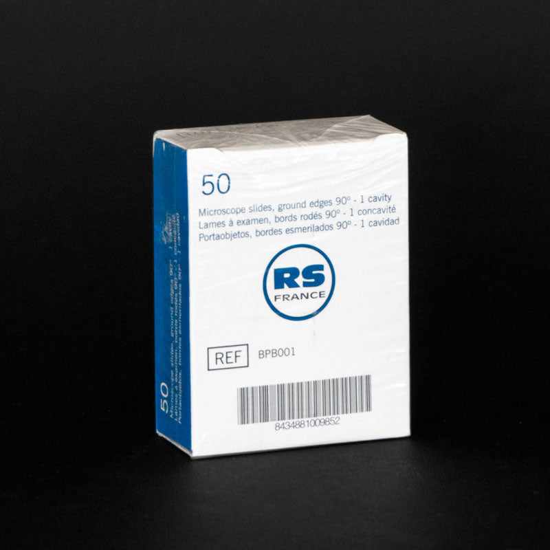 Caja conteniendo 50 portaobjetos de vidrio con 1 cavidad y bordes esmerilados.