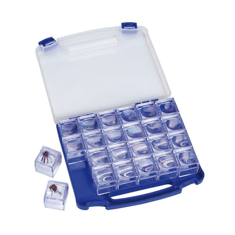 Set of 24 boxes with 3x magnification for storing insects