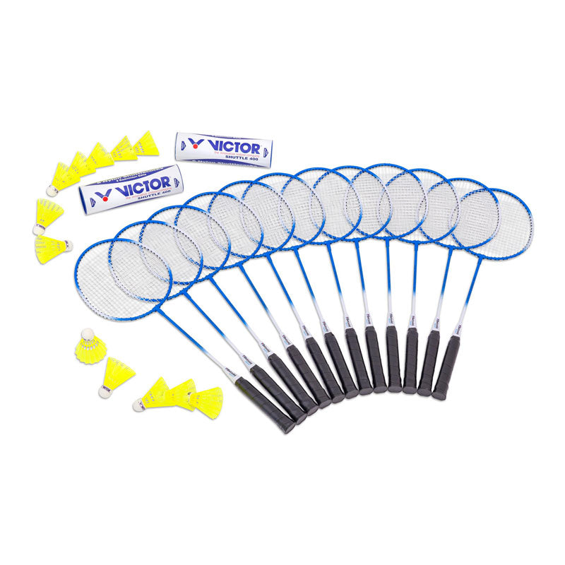 Juego de 12 raquetas de bádminton y 12 volantes.