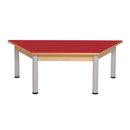 Mesa trapezoidal com estrutura de madeira e pernas metálicas